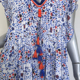 Poupette St Barth Mila tassel-embellished white and blue mini dress, lightweight woven fabric, pre-owned and gently worn