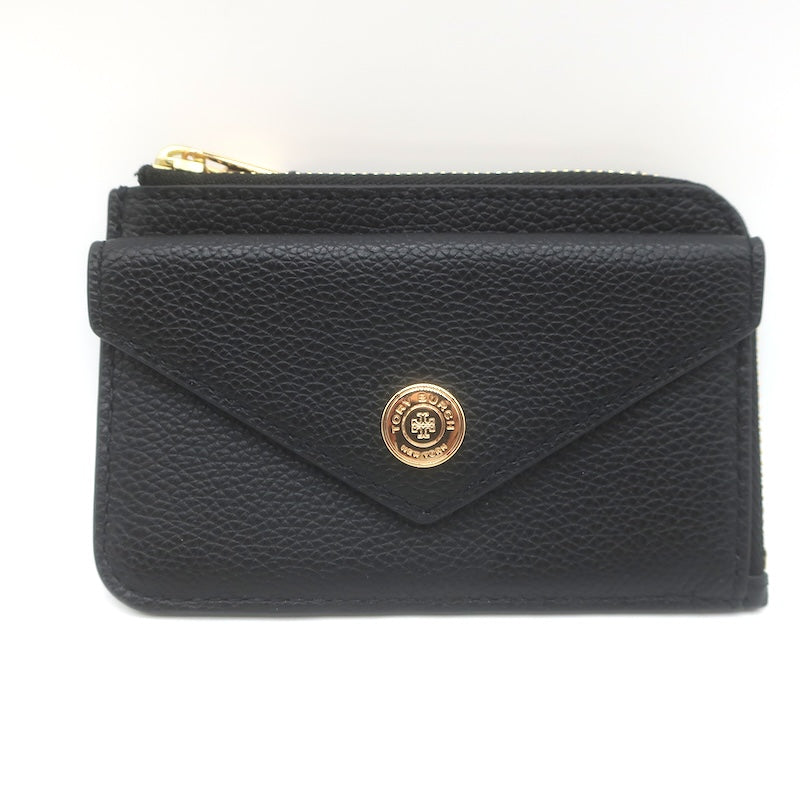Tory Burch T Monogram Envelope Zip Card Case Black Pebbled Leather NEW