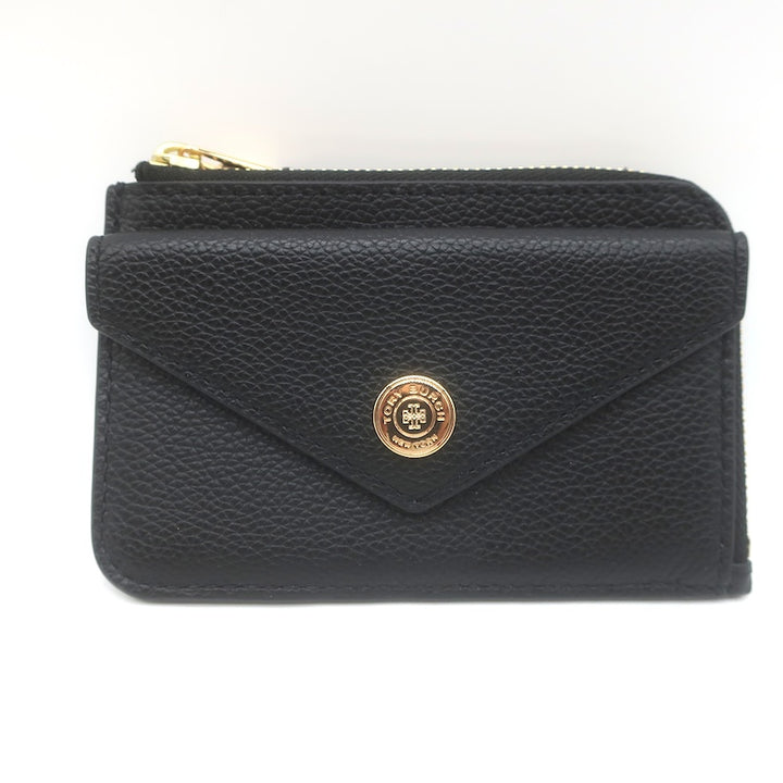 Tory Burch T Monogram Envelope Zip Card Case Black Pebbled Leather NEW