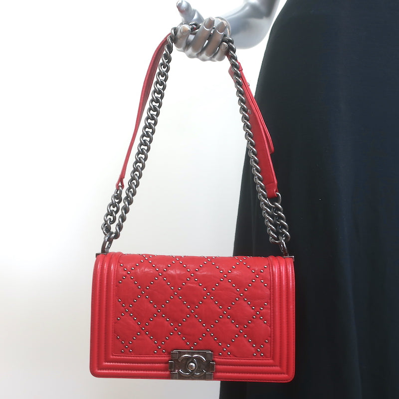 Chanel Medium Studded Boy Bag Red Quilted Leather Chain Strap Crossbody