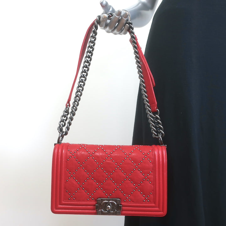 Chanel Medium Studded Boy Bag Red Quilted Leather Chain Strap Crossbody