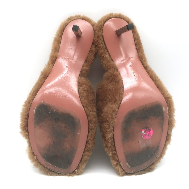 Amina Muaddi Millie Shearling Slide Sandals Brown Size 38.5