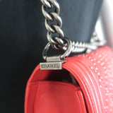 Chanel Medium Studded Boy Bag Red Quilted Leather Chain Strap Crossbody