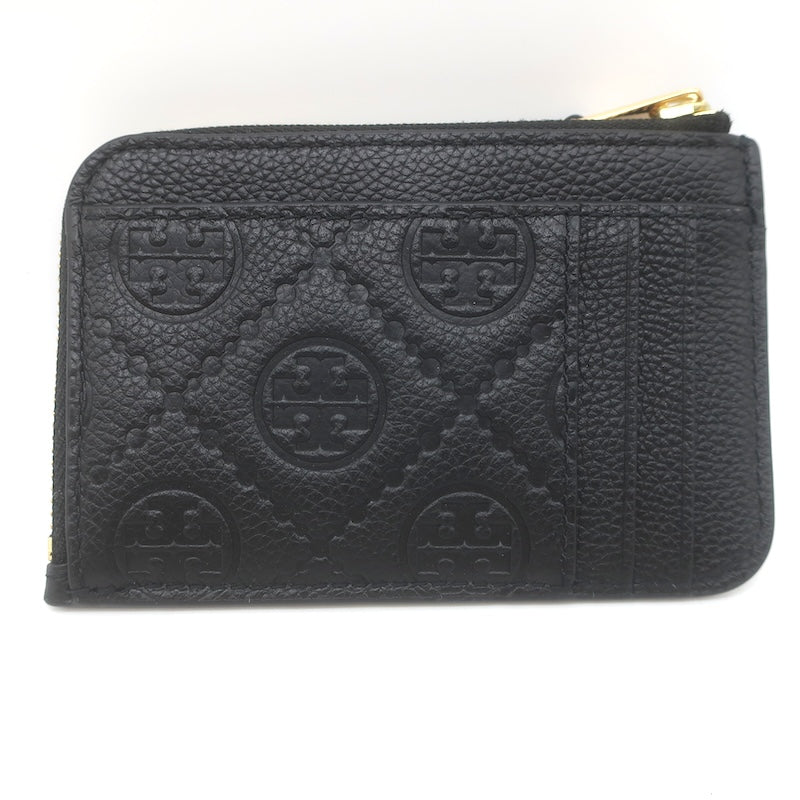 Tory Burch T Monogram Envelope Zip Card Case Black Pebbled Leather NEW