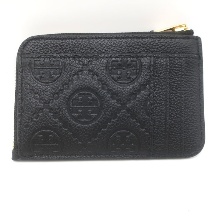 Tory Burch T Monogram Envelope Zip Card Case Black Pebbled Leather NEW