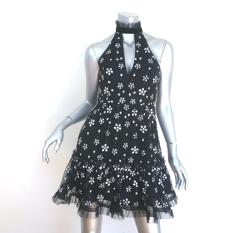 Alexis Floral-Sequined Mini Dress Black Ruffle Tulle Size Extra Small