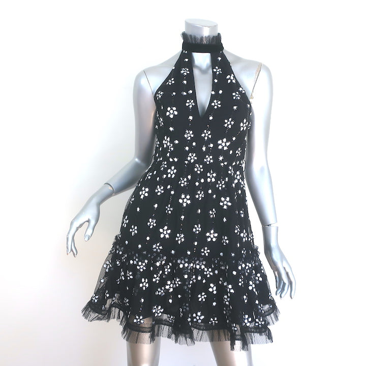 Alexis Floral-Sequined Mini Dress Black Ruffle Tulle Size Extra Small