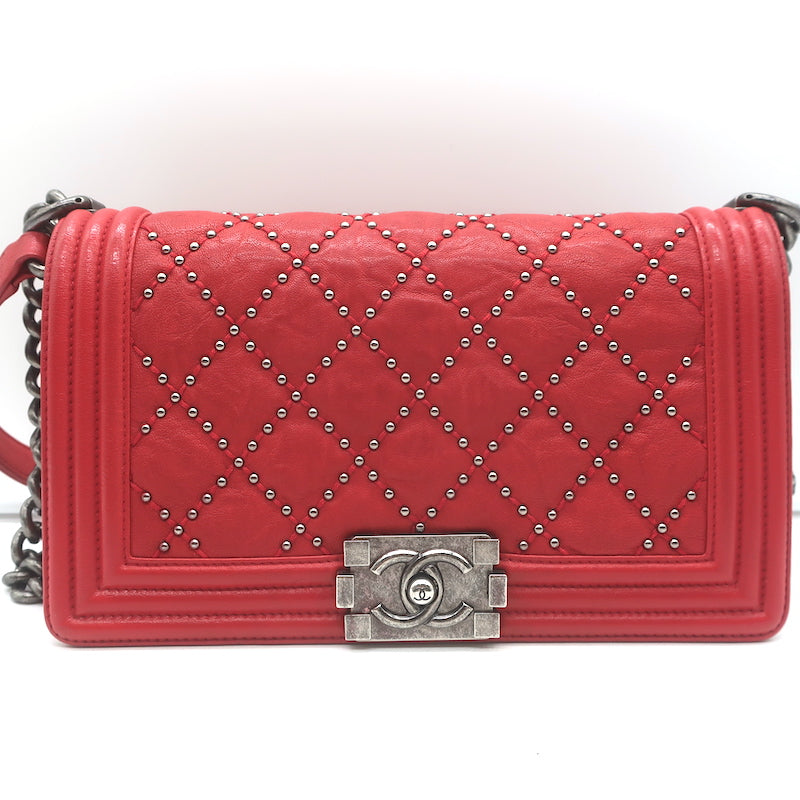 Chanel Medium Studded Boy Bag Red Quilted Leather Chain Strap Crossbody