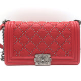 Chanel Medium Studded Boy Bag Red Quilted Leather Chain Strap Crossbody