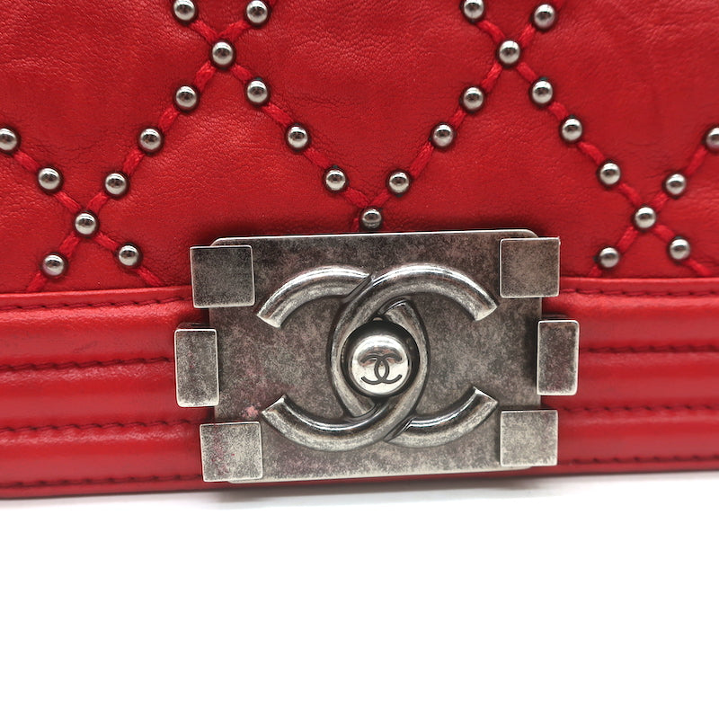 Chanel Medium Studded Boy Bag Red Quilted Leather Chain Strap Crossbody