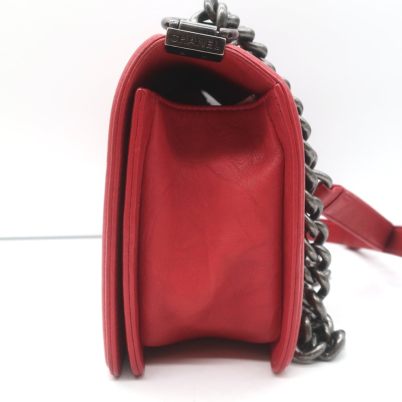 Chanel Medium Studded Boy Bag Red Quilted Leather Chain Strap Crossbody