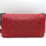 Chanel Medium Studded Boy Bag Red Quilted Leather Chain Strap Crossbody