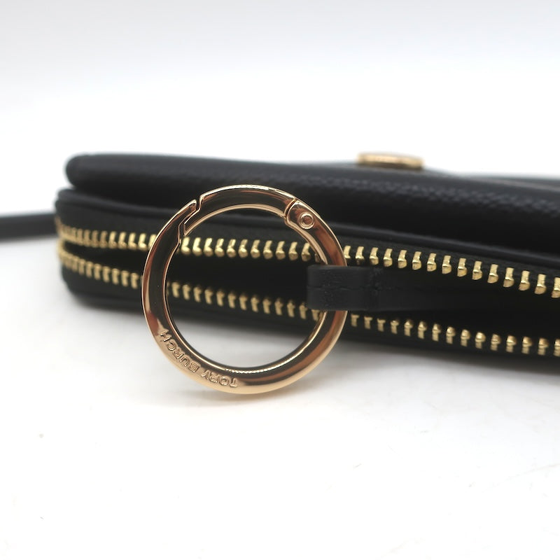 Tory Burch T Monogram Envelope Zip Card Case Black Pebbled Leather NEW