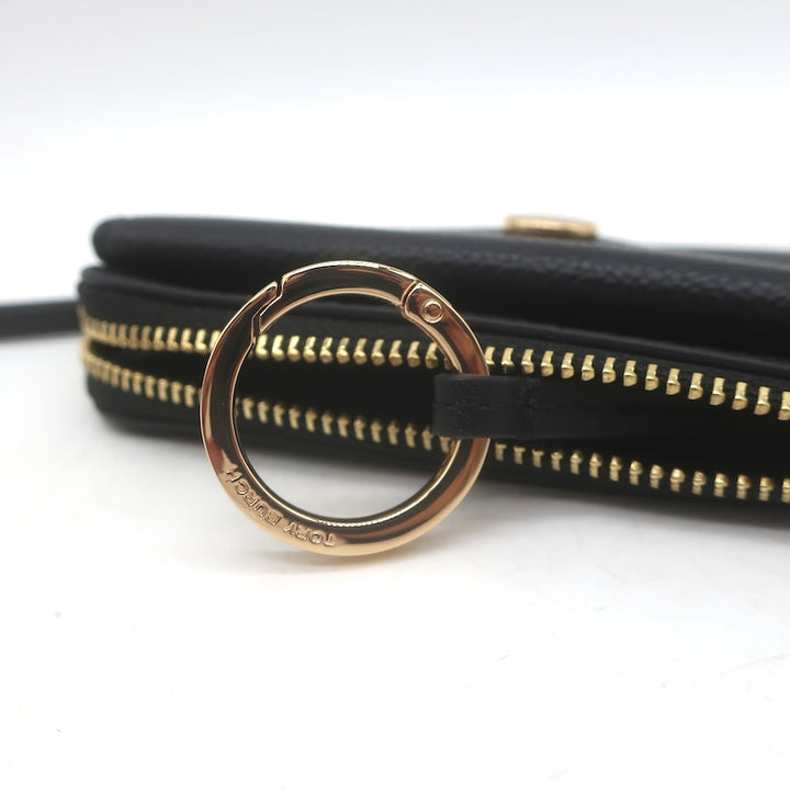 Tory Burch T Monogram Envelope Zip Card Case Black Pebbled Leather NEW