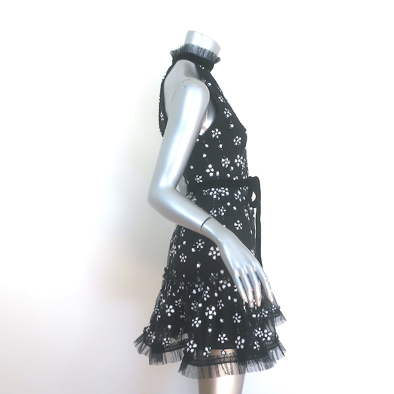 Alexis Floral-Sequined Mini Dress Black Ruffle Tulle Size Extra Small