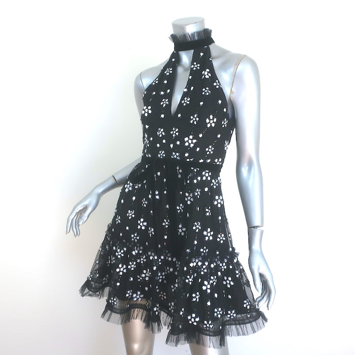 Alexis Floral-Sequined Mini Dress Black Ruffle Tulle Size Extra Small