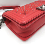 Chanel Medium Studded Boy Bag Red Quilted Leather Chain Strap Crossbody