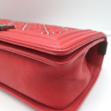 Chanel Medium Studded Boy Bag Red Quilted Leather Chain Strap Crossbody