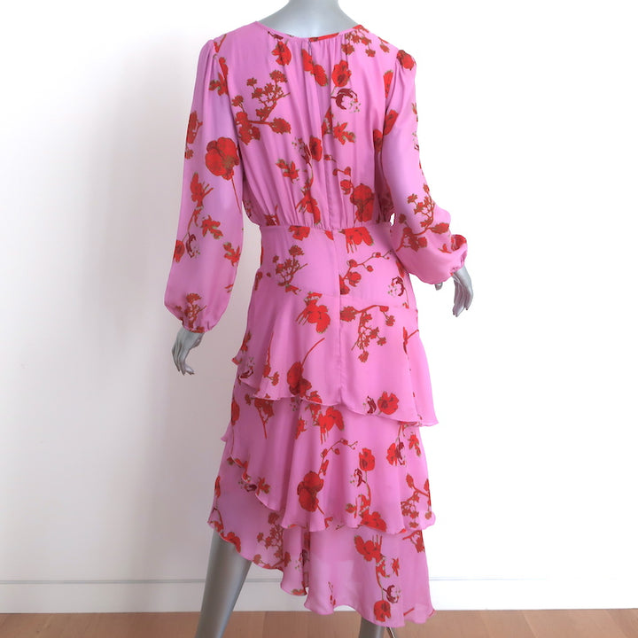 Cynthia Rowley Long Sleeve Asymmetrical Midi Dress Zuma Pink Floral Print Size 6