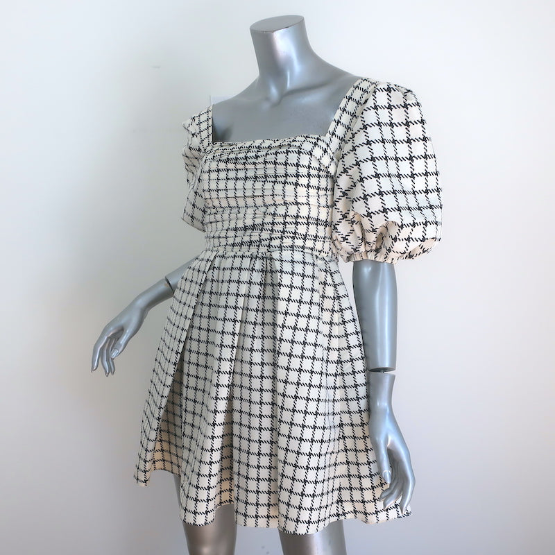 Self-Portrait Monochrome Check Puff Sleeve Mini Dress Cream Taffeta Size 0 NEW