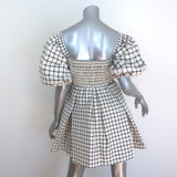 Self-Portrait Monochrome Check Puff Sleeve Mini Dress Cream Taffeta Size 0 NEW