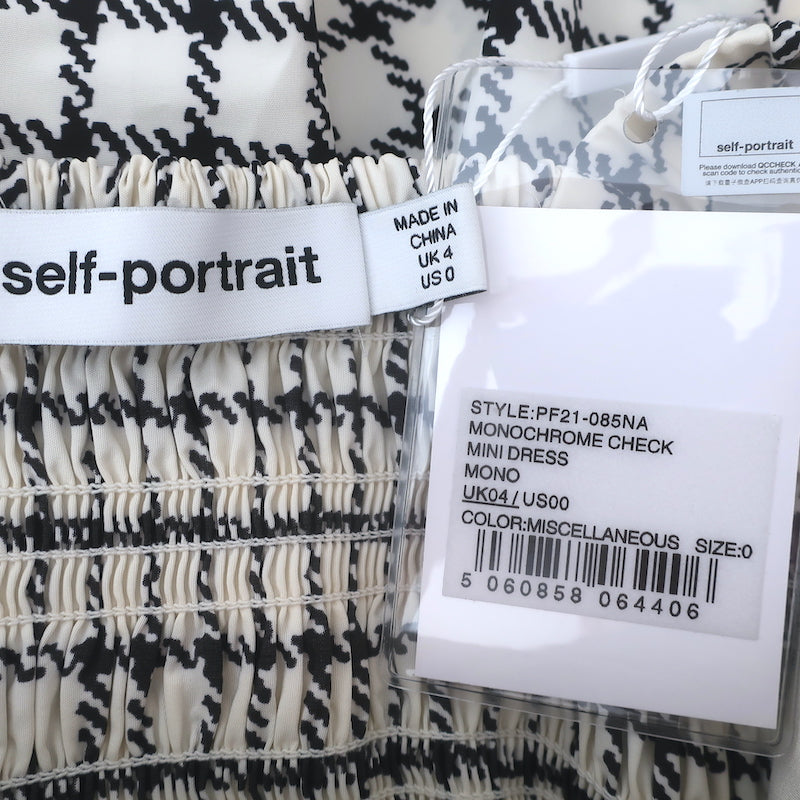 Self-Portrait Monochrome Check Puff Sleeve Mini Dress Cream Taffeta Size 0 NEW