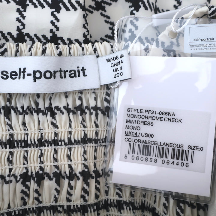 Self-Portrait Monochrome Check Puff Sleeve Mini Dress Cream Taffeta Size 0 NEW