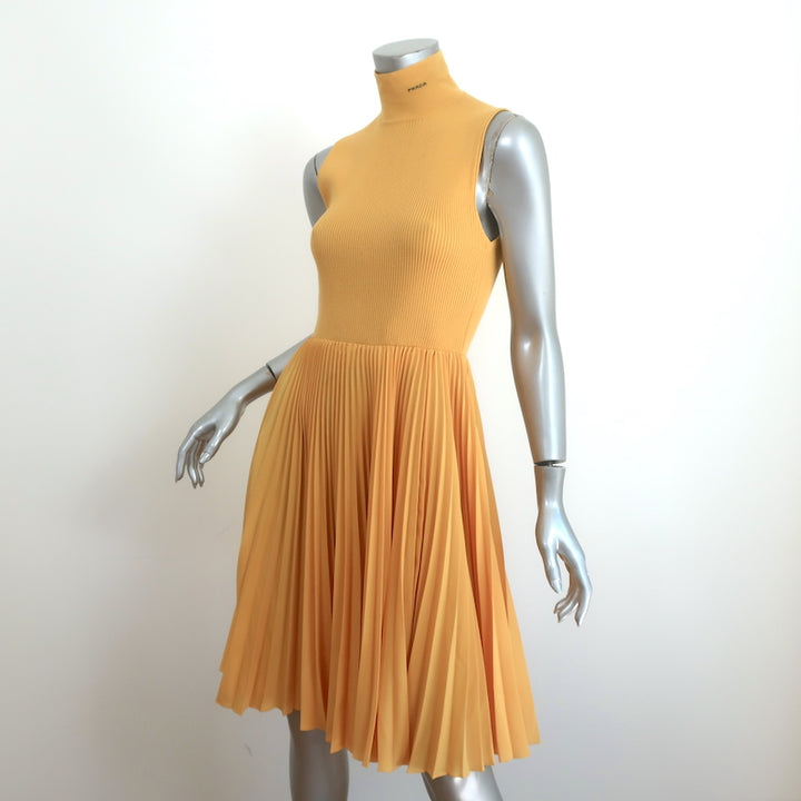 Prada Ribbed Knit Pleated Dress Yellow Size 40 Sleeveless Turtleneck