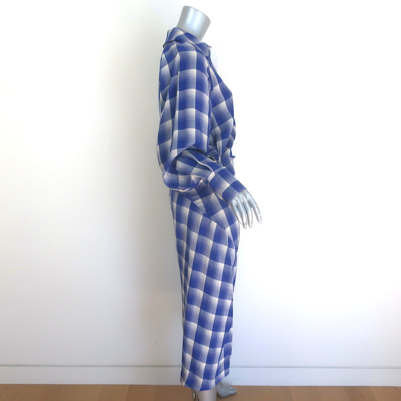 Tory Burch Plaid Asymmetric-Draped Midi Shirtdress Blue/Ivory Size 4 NEW