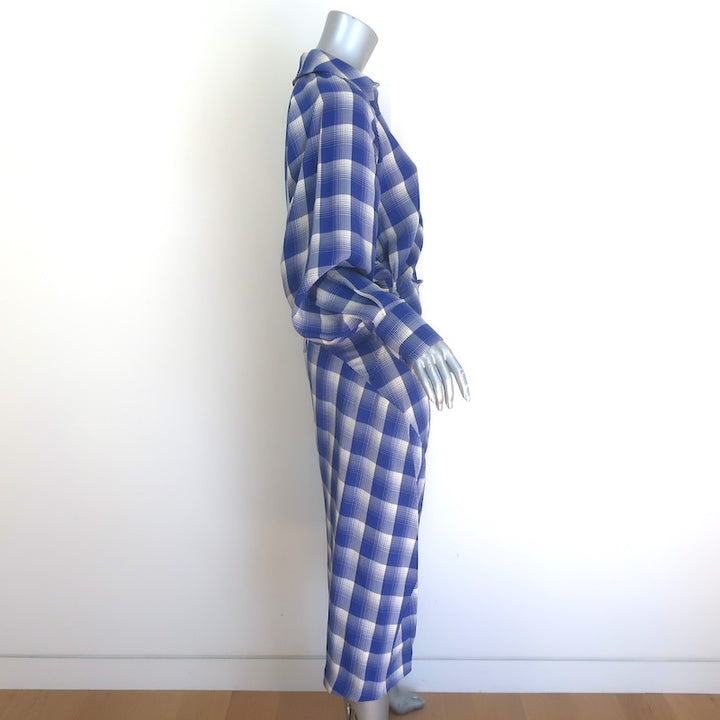 Tory Burch Plaid Asymmetric-Draped Midi Shirtdress Blue/Ivory Size 4 NEW