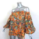 La DoubleJ Paloma off-shoulder top in orange printed poplin, pre-owned and gently worn, authentic luxury