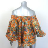 La DoubleJ Paloma off-shoulder top in orange printed poplin, pre-owned authentic, gently worn luxury, size M