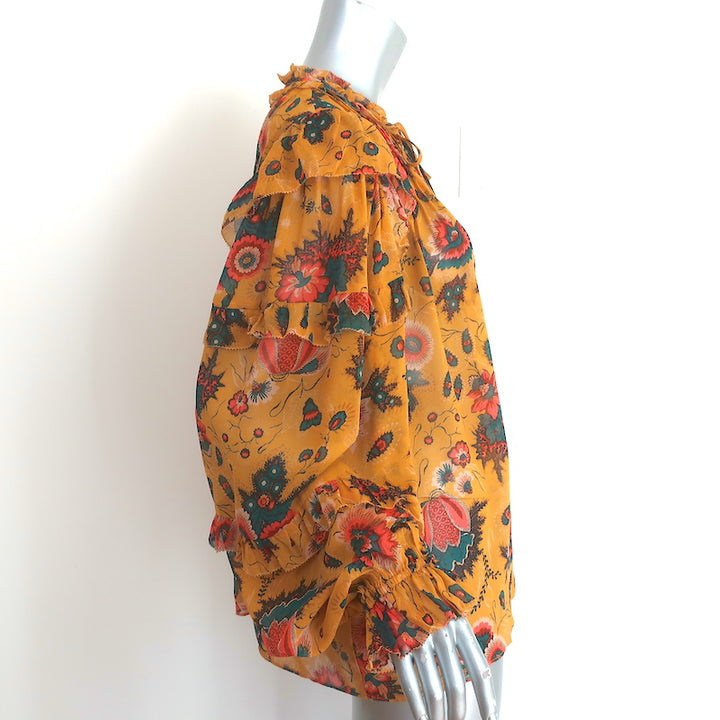 Ulla Johnson Miray Blouse Mustard Floral Print Chiffon Size 14 Long Sleeve Top