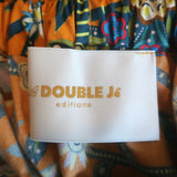 La DoubleJ Paloma off-shoulder top in orange printed poplin, authentic pre-owned, gently worn luxury piece.