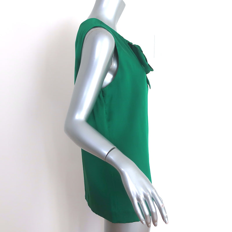 Tory Burch Pussy Bow Blouse Green Silk Satin Size 10 Sleeveless Top