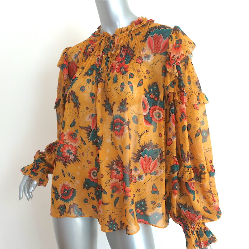 Ulla Johnson Miray Blouse Mustard Floral Print Chiffon Size 14 Long Sleeve Top