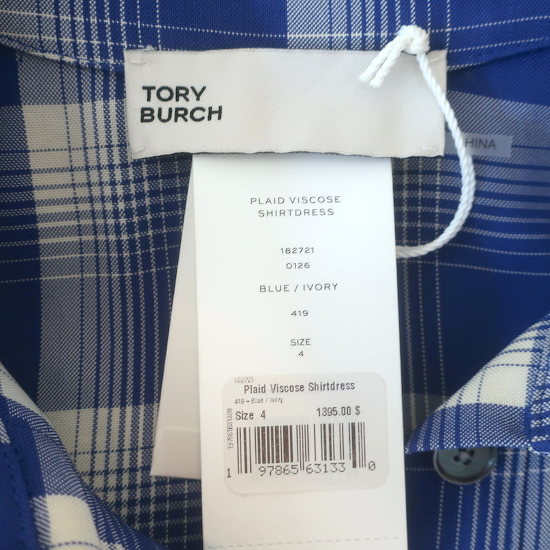 Tory Burch Plaid Asymmetric-Draped Midi Shirtdress Blue/Ivory Size 4 NEW