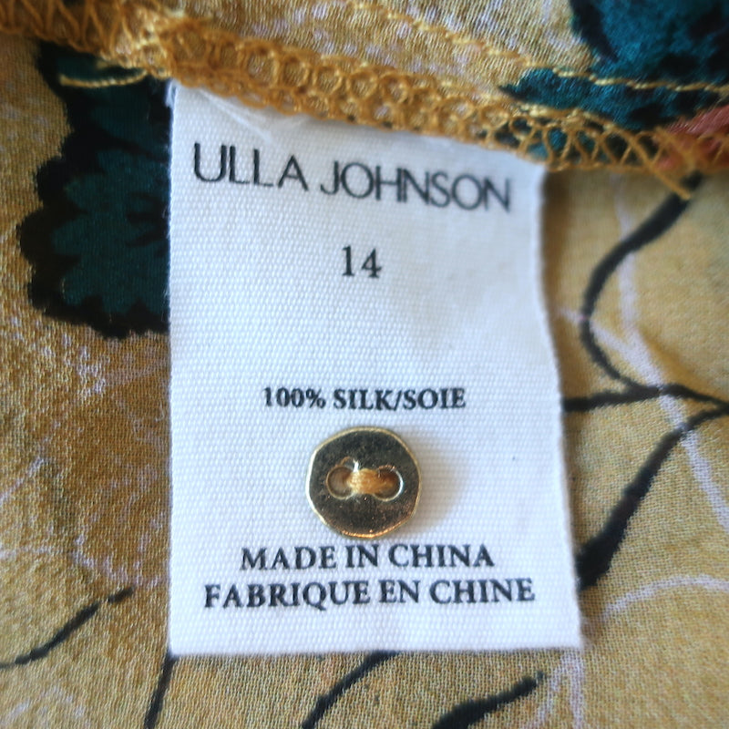 Ulla Johnson Miray Blouse Mustard Floral Print Chiffon Size 14 Long Sleeve Top