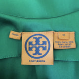 Tory Burch Pussy Bow Blouse Green Silk Satin Size 10 Sleeveless Top