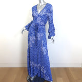 Poupette St Barth Elise maxi wrap dress in blue butterfly batik — pre-owned, gently worn authentic designer