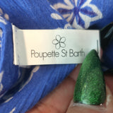 Poupette St Barth Elise maxi wrap dress, blue butterfly batik, lightweight woven fabric — authentic pre-owned, gently worn.