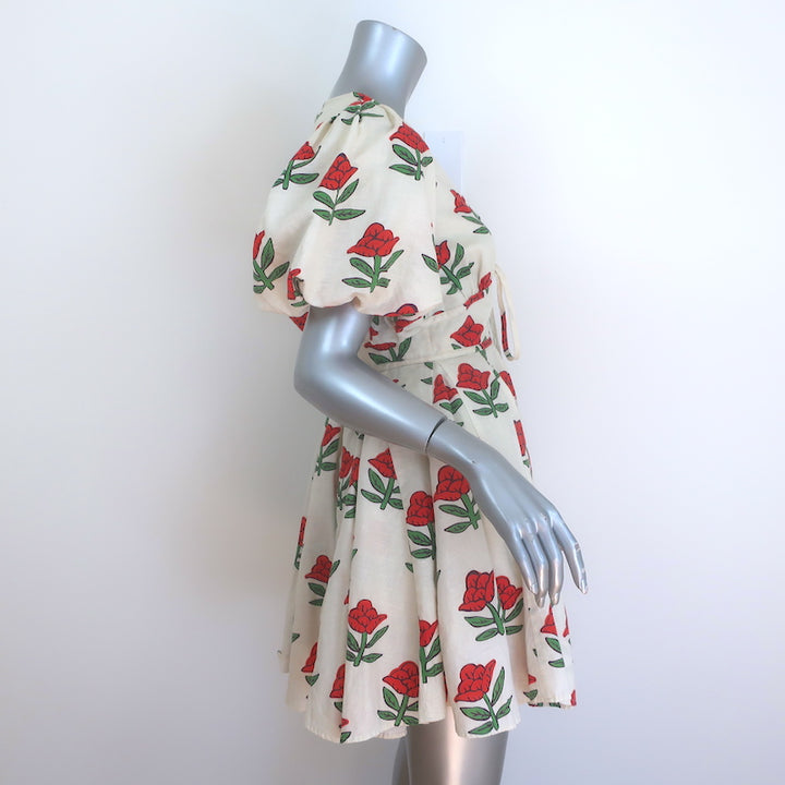 RHODE Madeline Puff Sleeve Mini Dress Cream Scarlet Begonia Print Size 2