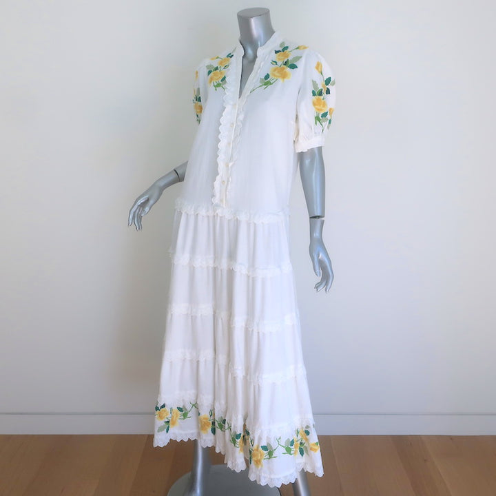ALEMAIS Rosa Floral-Embroidered Tiered Midi Dress White Cotton Size 10
