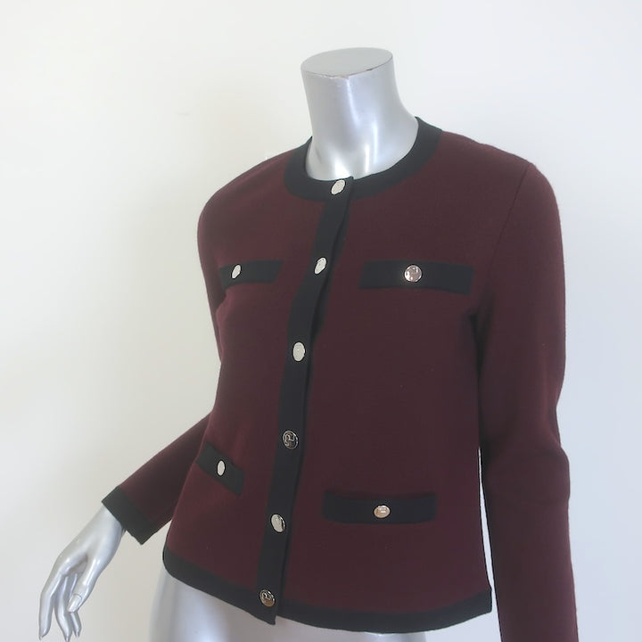 Tory Burch Kendra Contrast-Trim Cardigan Merlot/Black Wool Size Extra Small NEW