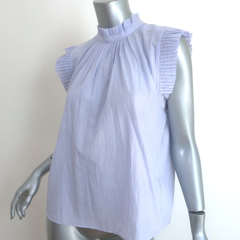FRAME Raw Edge Ruffle Top Light Blue Pinstripe Cotton Size Medium
