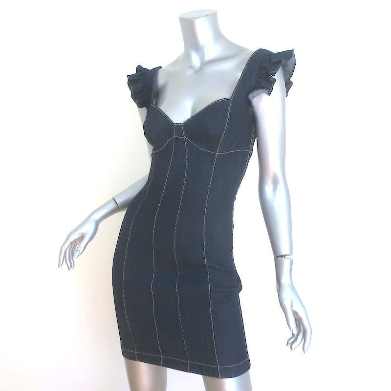 Cinq a Sept Mathis Denim Ruffle Strap Mini Dress Indigo Stretch Cotton Size 2