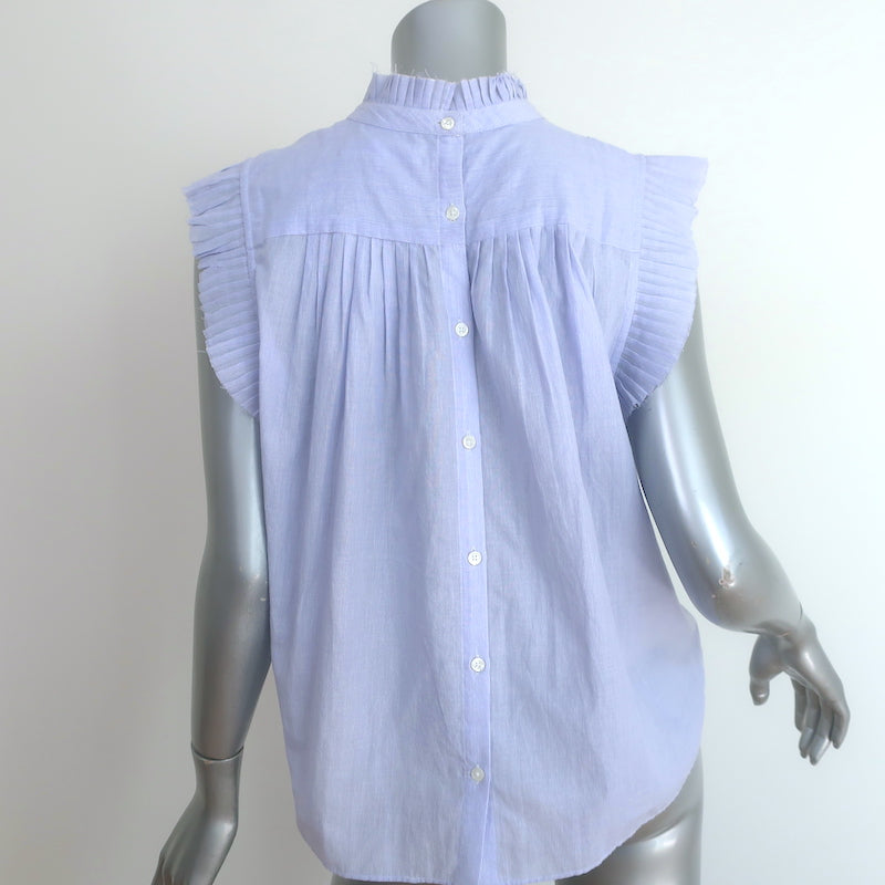 FRAME Raw Edge Ruffle Top Light Blue Pinstripe Cotton Size Medium