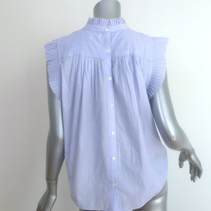 FRAME Raw Edge Ruffle Top Light Blue Pinstripe Cotton Size Medium