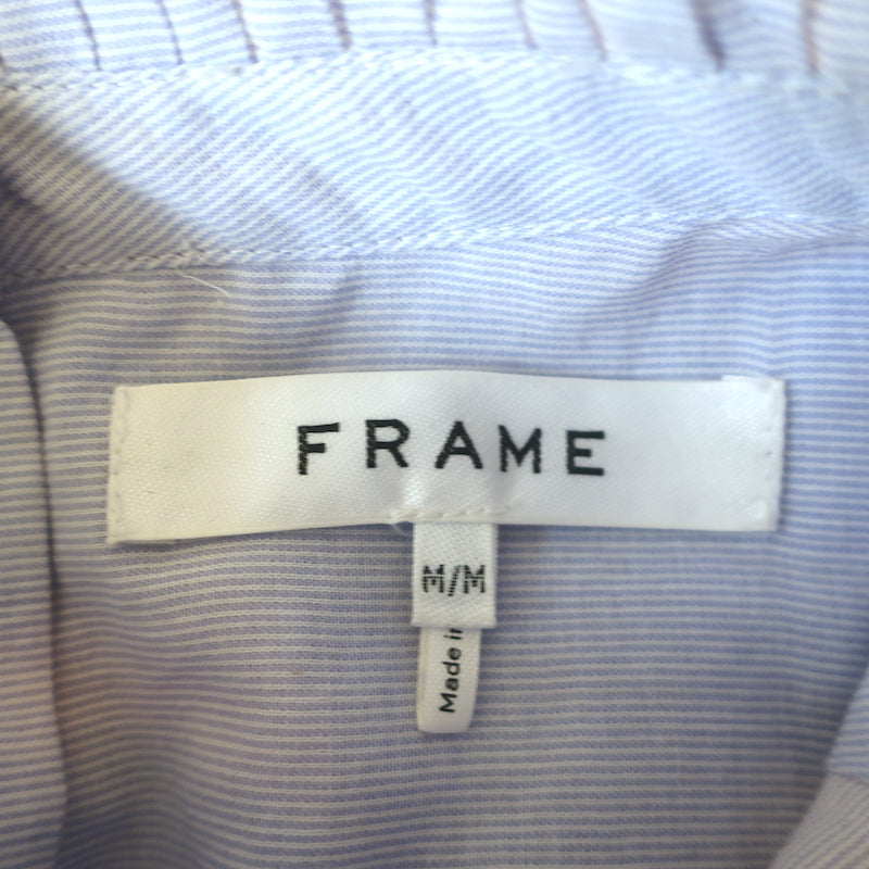 FRAME Raw Edge Ruffle Top Light Blue Pinstripe Cotton Size Medium
