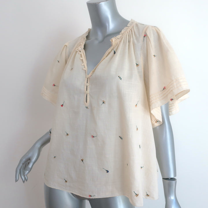 THE GREAT Floral-Embroidered Top Ecru Cotton Size 2 Short Sleeve Blouse